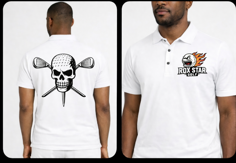 ROX Star Golf Men's White Polo- Skull Ball logo-COMING SOON! PRE ORDER NOW!!
