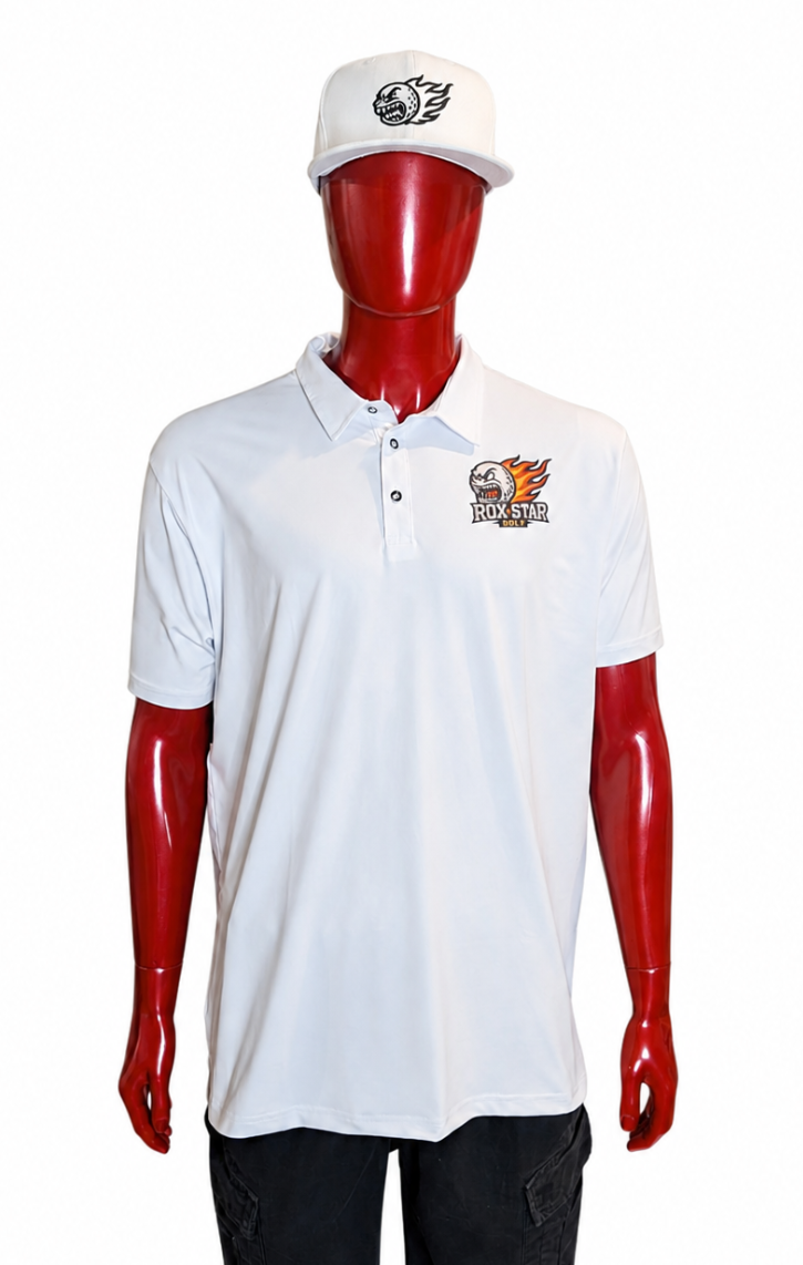ROX Star Golf Men's White Polo- Skull Ball logo-AVAILABLE NOW!!!