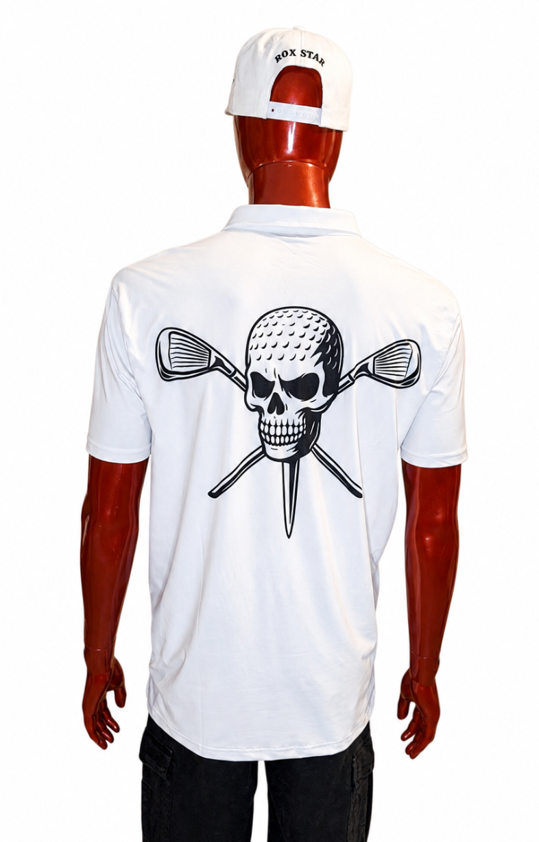 ROX Star Golf Men's White Polo- Skull Ball logo-AVAILABLE NOW!!!