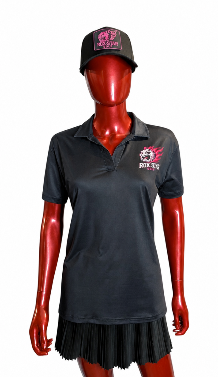 ROX Star Golf – Black Woman's Polo- Girl Power logo-AVAILABLE NOW!!!