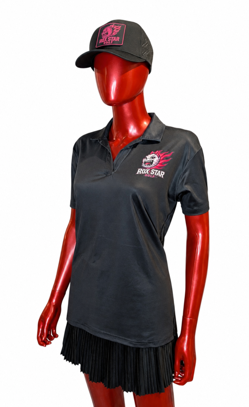 ROX Star Golf – Black Woman's Polo- Girl Power logo-AVAILABLE NOW!!!