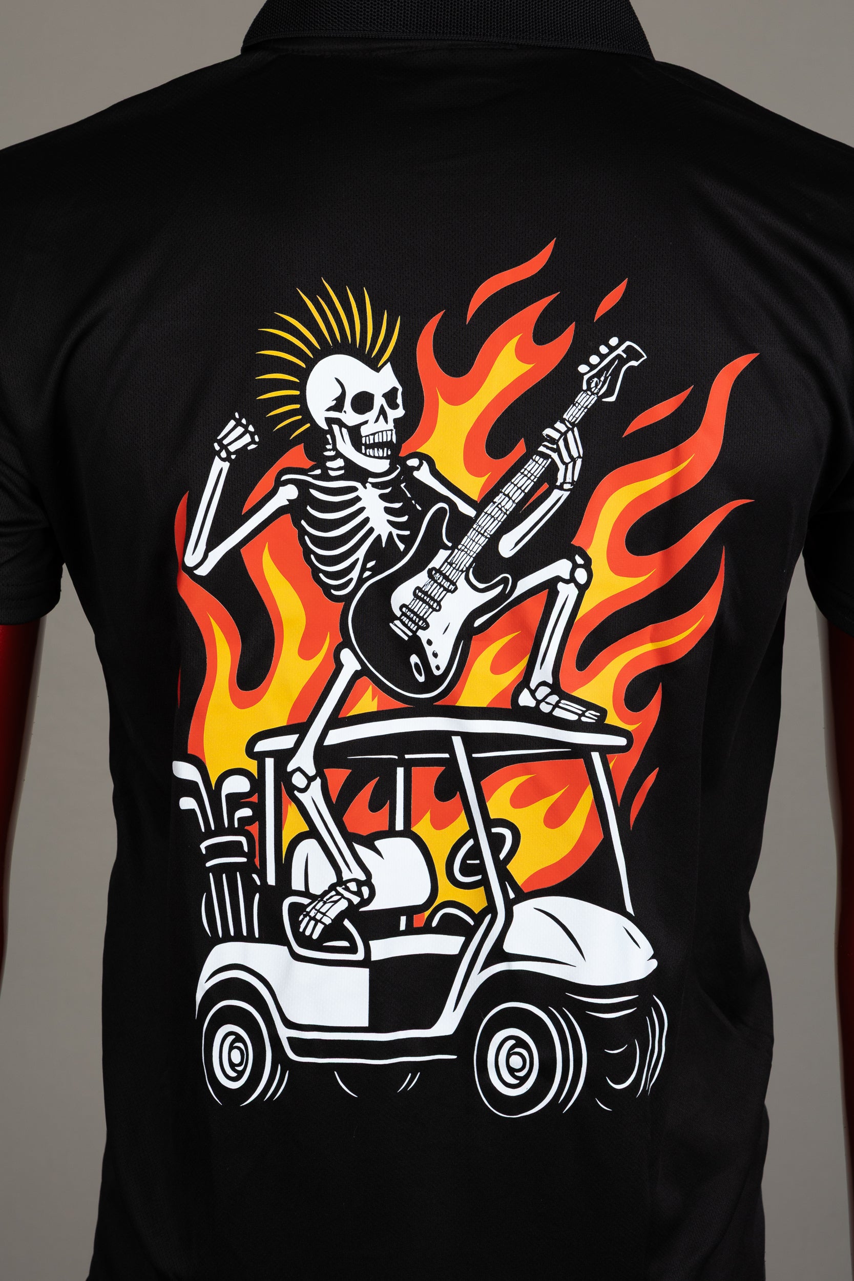 MENS ROX STAR BLACK POLO SHIRT- FLAMING GOLF CART