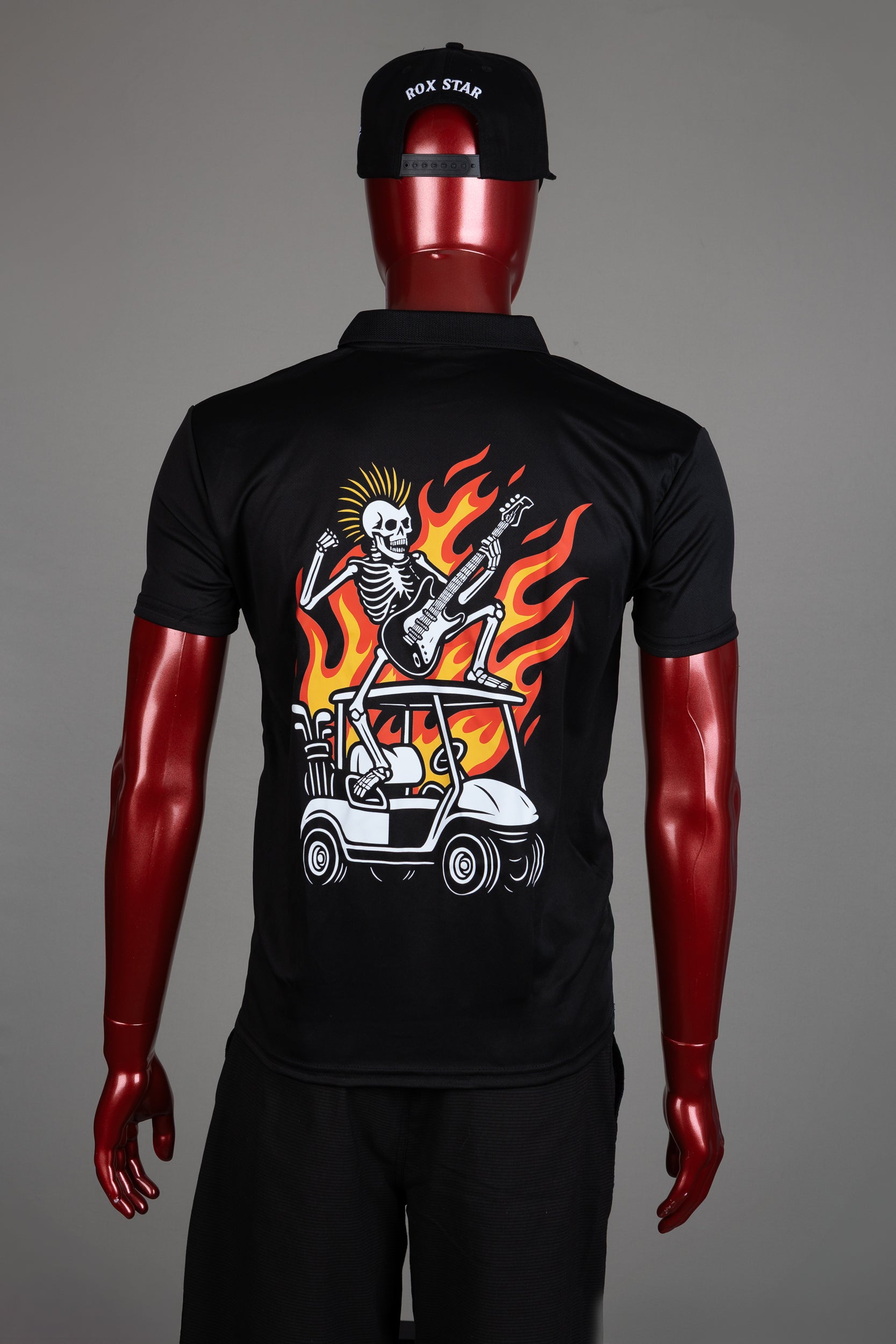 MENS ROX STAR BLACK POLO SHIRT- FLAMING GOLF CART